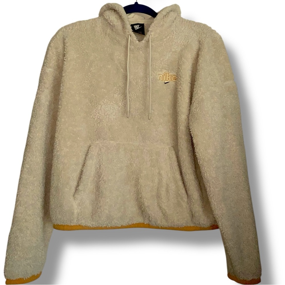 Nike Cream Cozy Teddy Pullover Hoodie Hip Length Sherpa Fleece Sweater Gold Trim